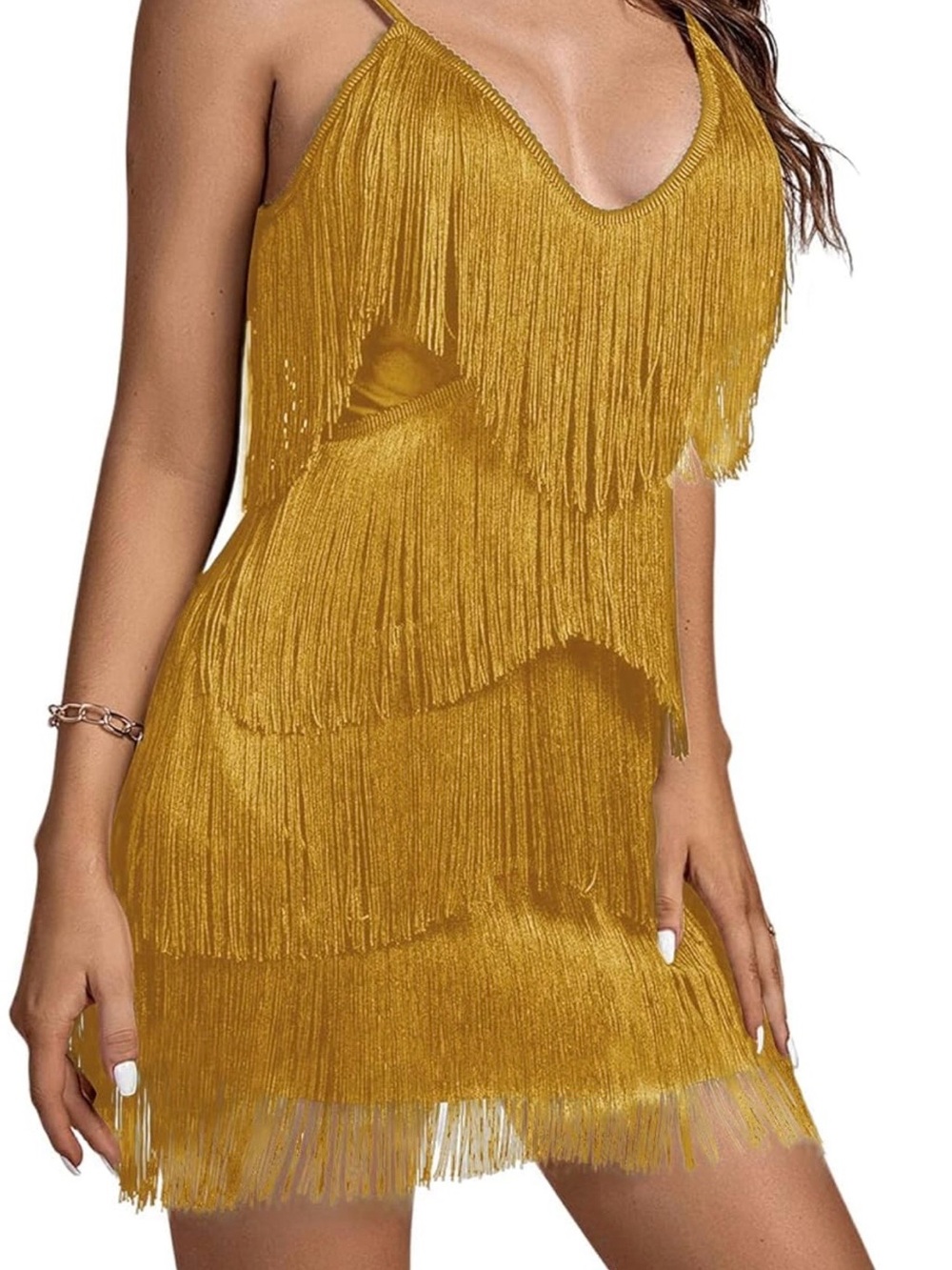 Fringe Layered Gold Mini Dress - Women's Party Dress